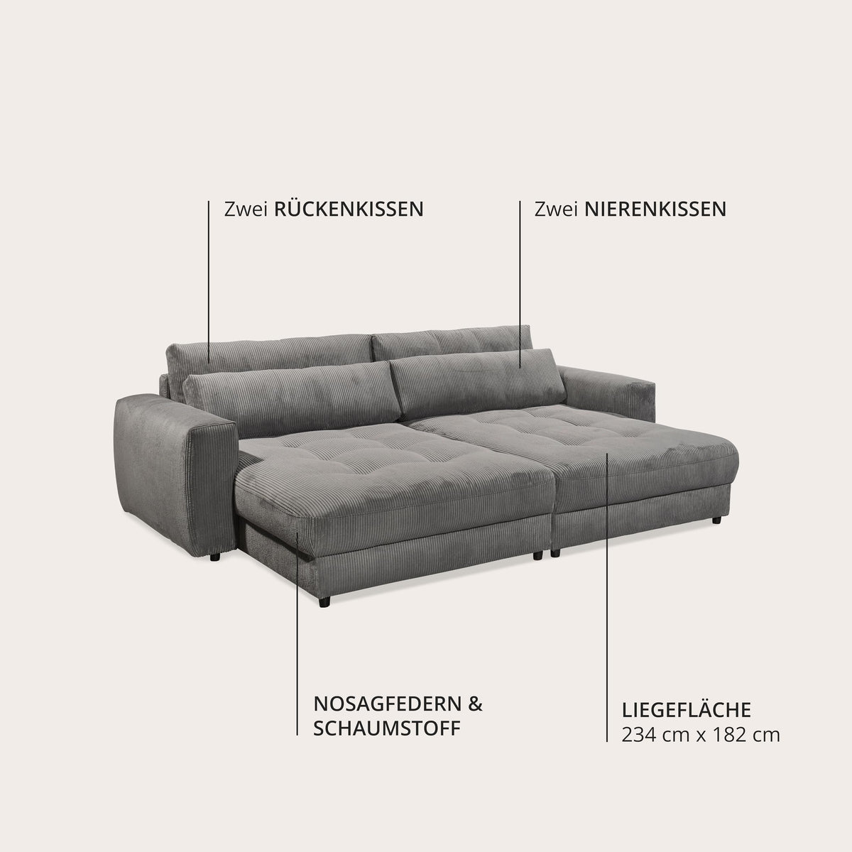 Barura Big Sofa in Corduroy Look, Ash - Comfortable Living Room Couch with Large Lying Surface - 292 x 90 (74) х 194 cm (W x H x D)