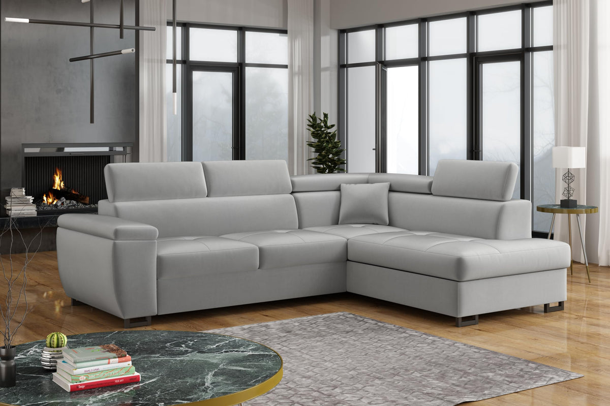 MEBLE-LUX - Ecksofa mit Schlaffunktion und Bettkasten Nicole 270x202x96cm (BxTxH) I Sofa L Form mit Verstellbare Kopfstützen I Eckcouch mit Schlaffunktion I Federkern I Sofa Grau Links