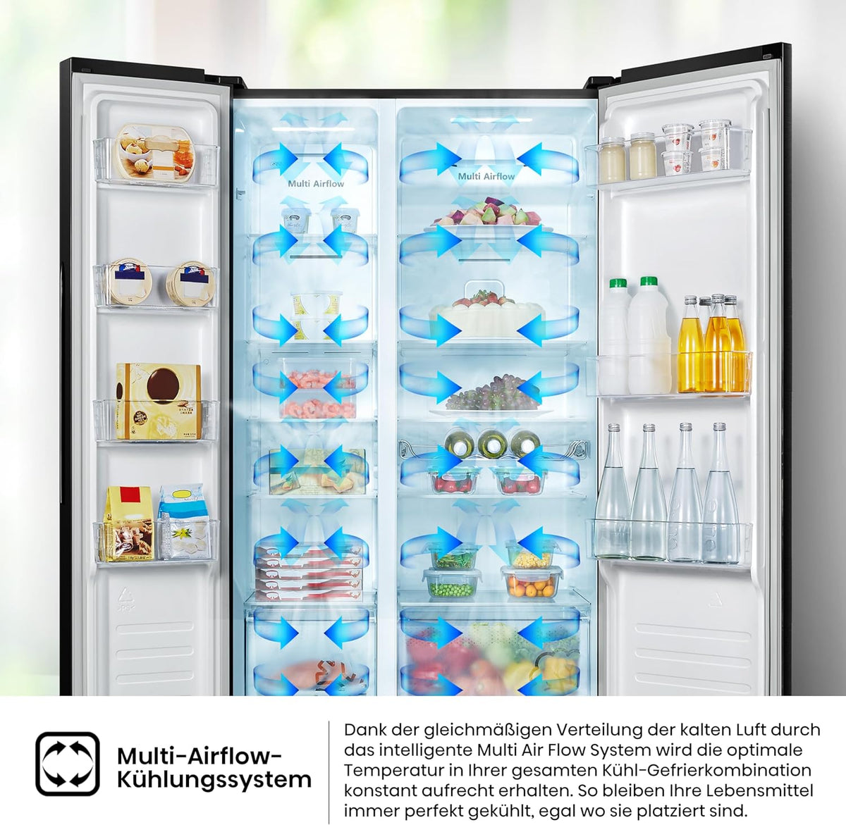 Hisense RS677N4BFD Side by Side Kühl-Gefrierkombination/ Inverter-Kompressor/ Flaschenablage/ 2 FreshZone/Gemüsefach / Kühlteil 334 l/ Gefrierteil 185 l/ 41 dB/ 247 kWh/ Jahr, Schwarz