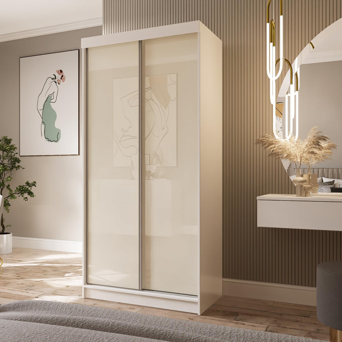 Marlux-Meble Two-Door Wardrobe 230 cm Wide with Floating and Sliding Doors Corner Wardrobe Bedroom Cabinet Hallway Cabinet System Cabinet High Gloss Cabinet