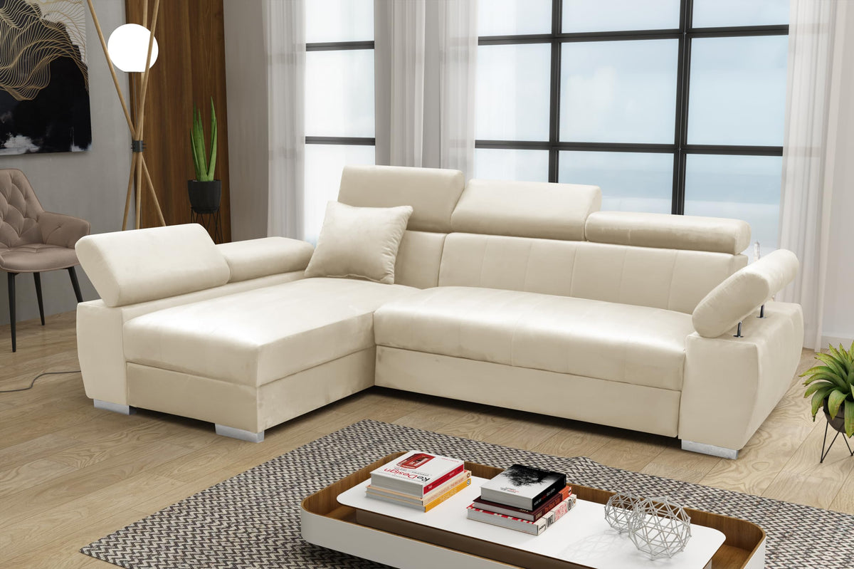 OTTO Corner Sofa, Corner Couch with Sleep Function, Spring Core, Adjustable Headrests, Easy Folding Mechanism, Bed Function, Additional Storage Space, Plush Grey, Left