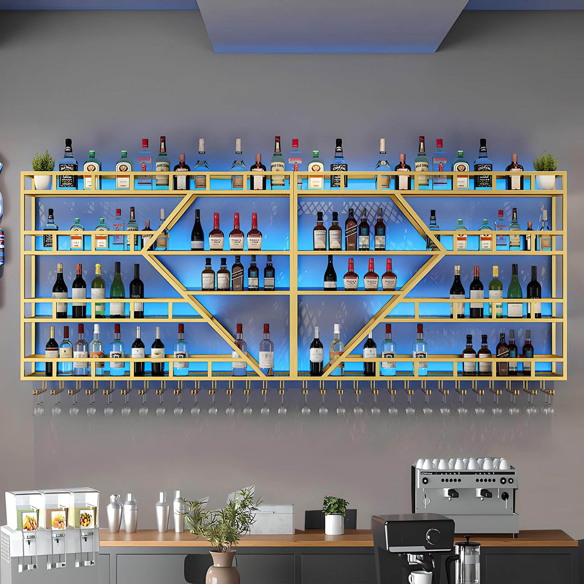 Weinregal aus Metall, großer Weinflaschenhalter aus Wandmontage mit 3 Ebenen, modernes, schwebendes Barregal in Rautenform,für die Dekoration von Restaurants und Bars zu Hause (schwarz, 200cm)