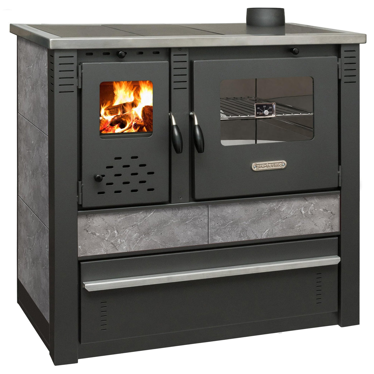 ProTermo Panonia Fireplace in Mocha with Left Flue - 10.54 kW Heating Output - 90 x 51 x 85 cm Wood Stove with Baking Compartment, Thermometer and Hob without Self-Closing Door - Type 2