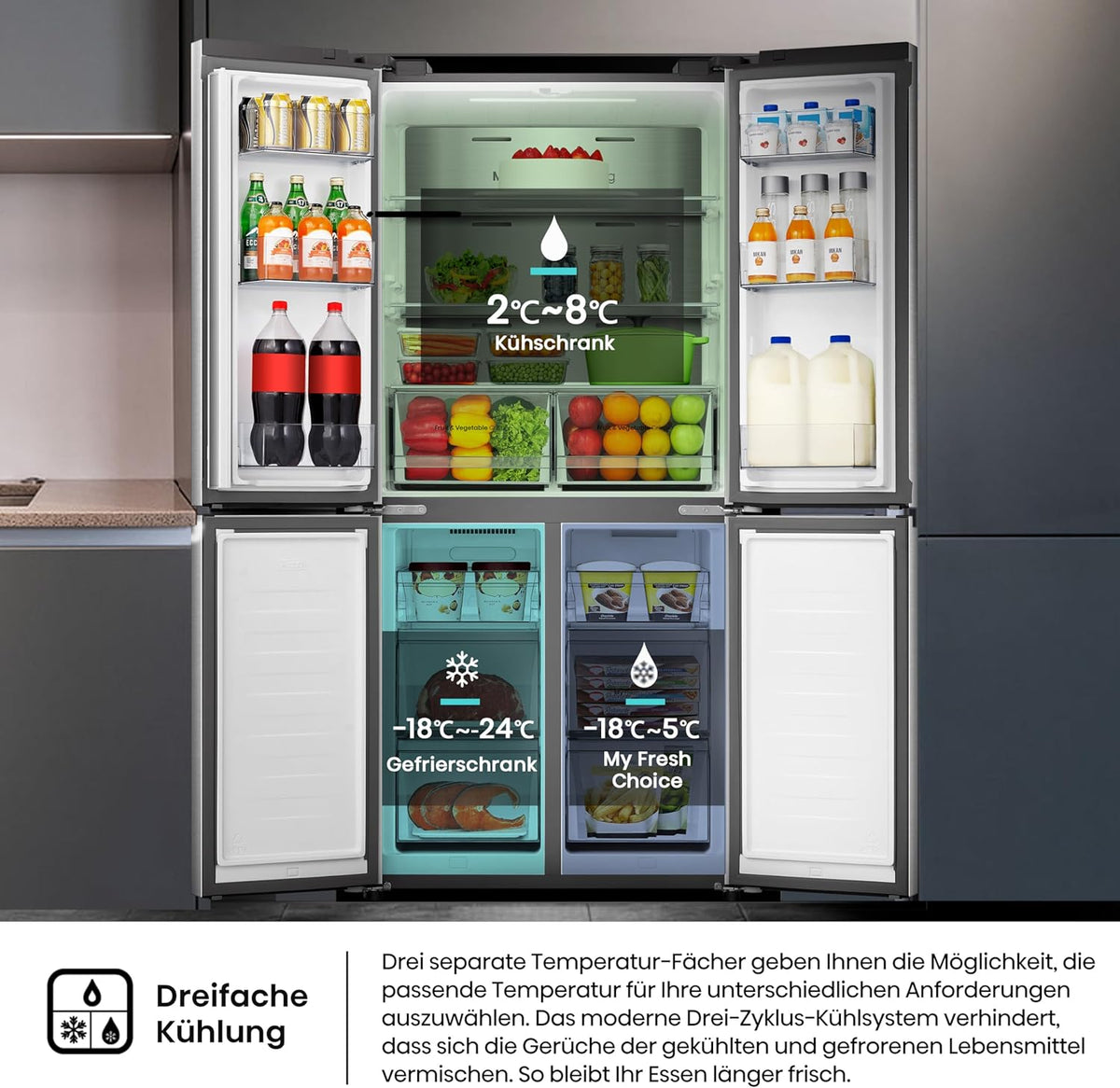 Hisense RQ5P470SAID Cross-Door Fridge-Freezer, 304 Litre Fridge Capacity, 179 Litre Freezer, Total NoFrost, Wifi, Multi AirFlow, FastFreeze, Energy Efficiency Class D, 178.5 cm x 79.4 cm