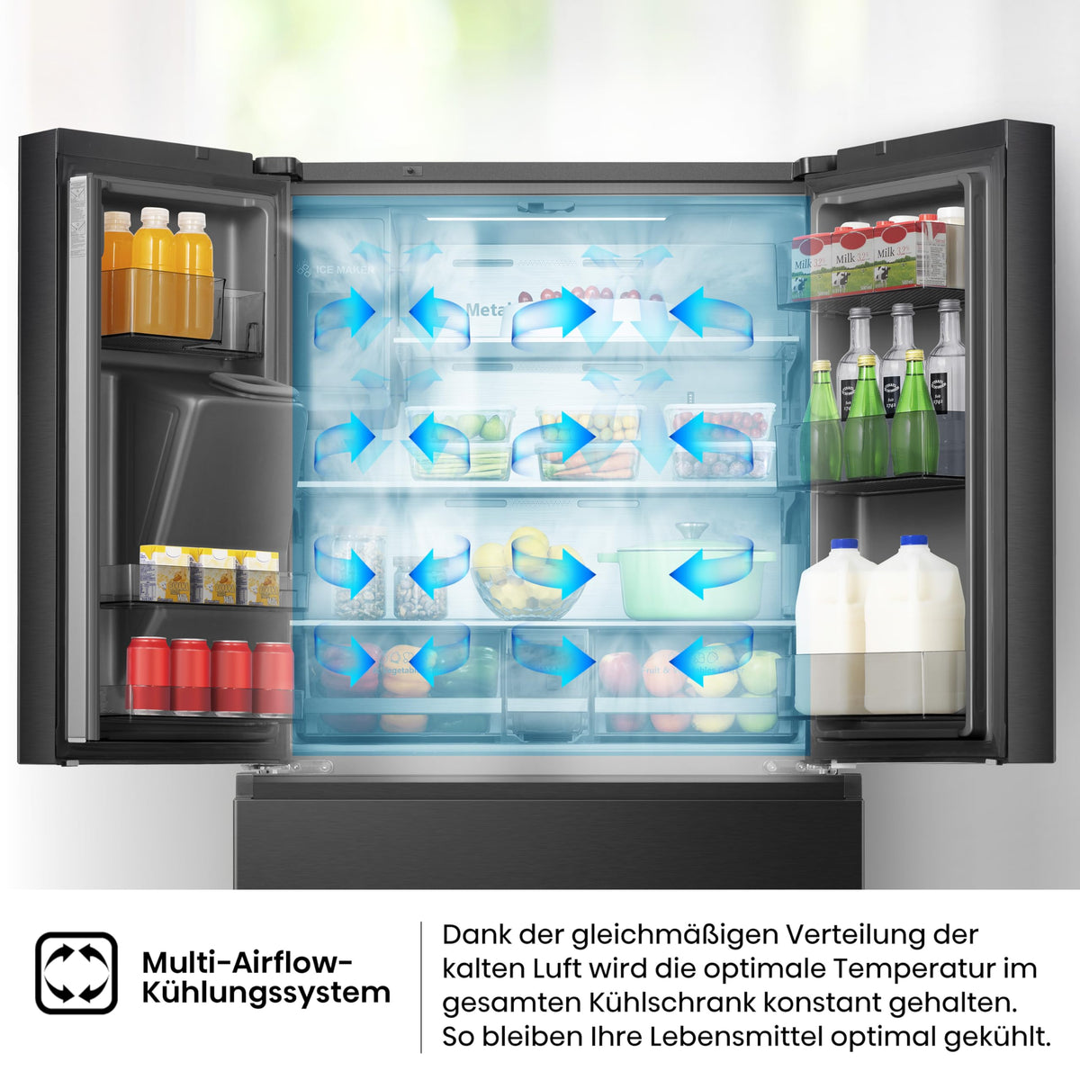 Hisense RF632N4WIE French Door Kühl-Gefrierkombination/ NoFrostPlus/ Inverter-Kompressor/ Wasserspender/ CrispZone/ 200 cm/ Kühlteil 336 l/ Gefrierteil 149 l/ 38 dB/ 295 kWh/ Jahr/ Inox-Look