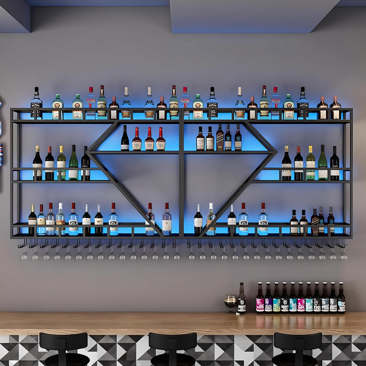 Weinregal aus Metall, großer Weinflaschenhalter aus Wandmontage mit 3 Ebenen, modernes, schwebendes Barregal in Rautenform,für die Dekoration von Restaurants und Bars zu Hause (schwarz, 200cm)