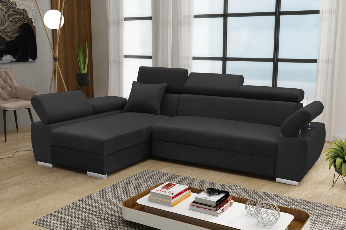 OTTO Corner Sofa, Corner Couch with Sleep Function, Spring Core, Adjustable Headrests, Easy Folding Mechanism, Bed Function, Additional Storage Space, Plush Grey, Left
