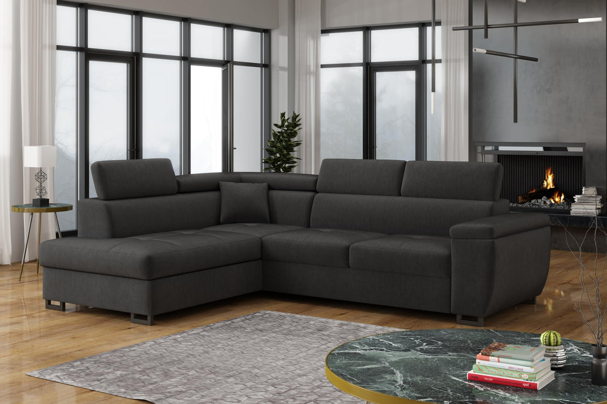 MEBLE-LUX - Ecksofa mit Schlaffunktion und Bettkasten Nicole 270x202x96cm (BxTxH) I Sofa L Form mit Verstellbare Kopfstützen I Eckcouch mit Schlaffunktion I Federkern I Sofa Grau Links