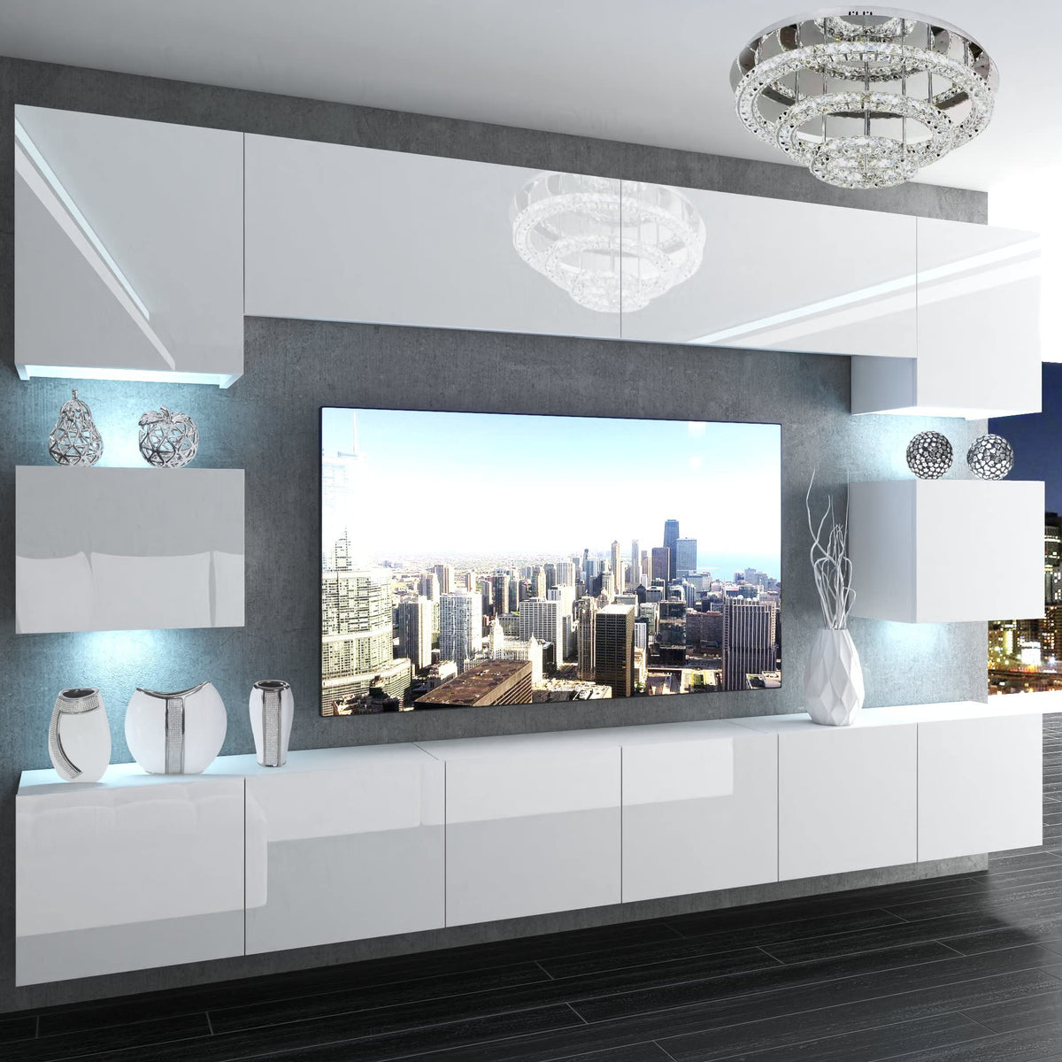 BELINI Living Room Wall Unit Full Equipment Living Room Set Modern Cabinet Wall with LED Lighting TV Cabinet White