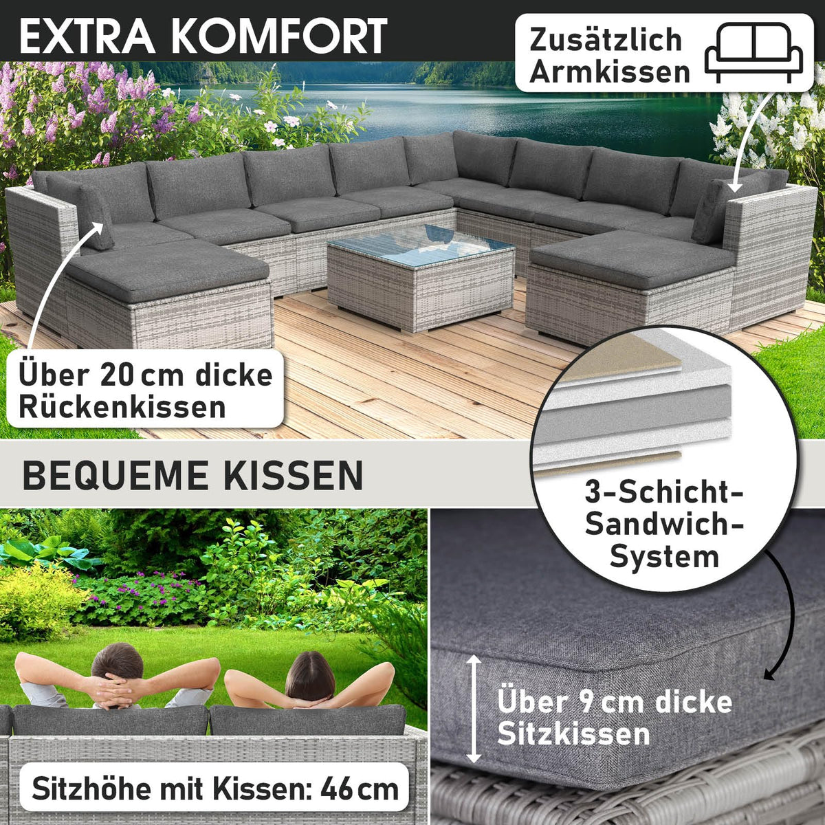 BRAST® Gartenmöbel Lounge Set XXL | 8-12 Personen viele Modelle & Farben | inkl. extra Dicke Kissen | TÜV geprüft | Outdoor Loungemöbel Sitzgruppe Essgruppe Garnitur | Dreams Grau