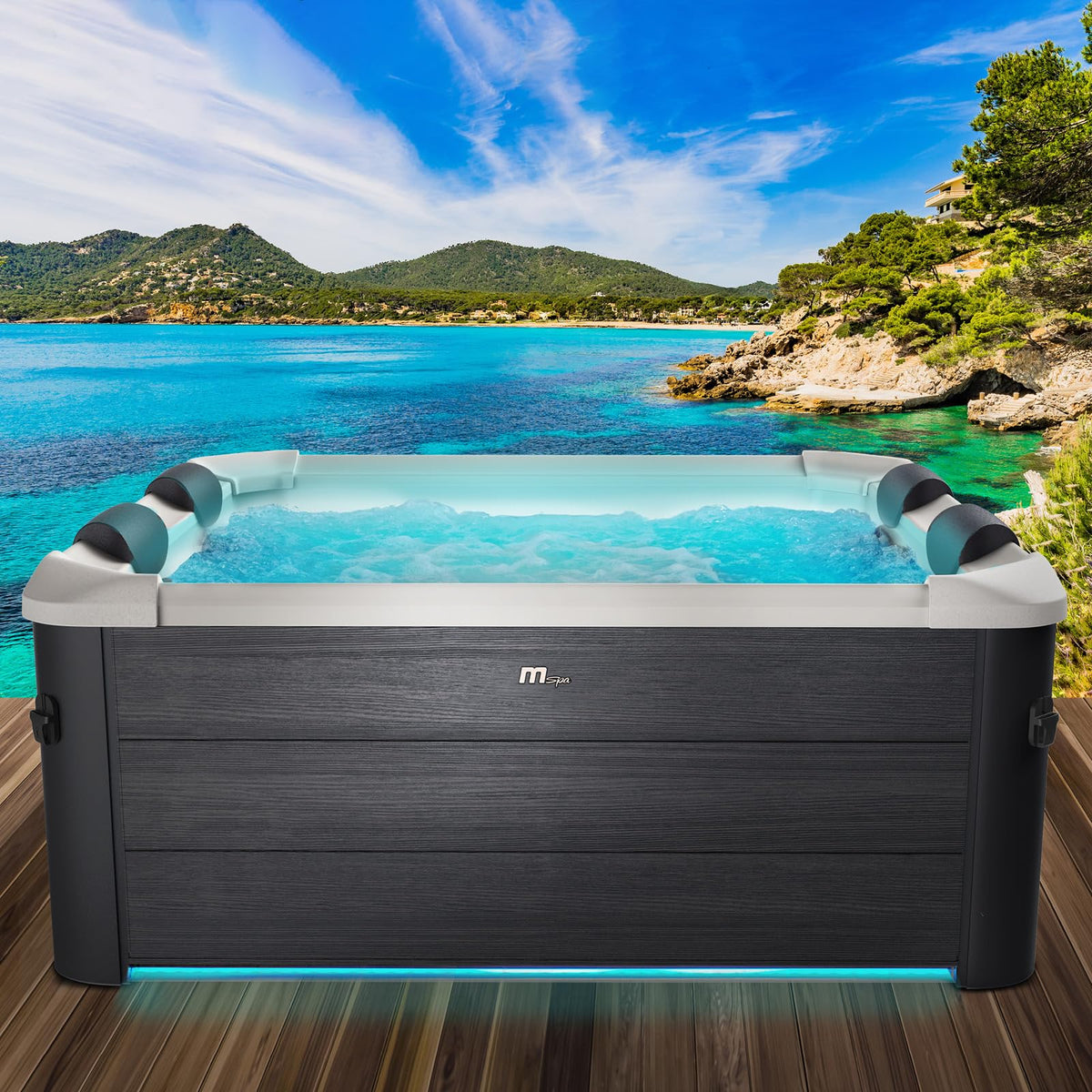 BRAST Whirlpool MSpa Oslo & Oslo Plus XXL mit Fester Außenwand | 160x160x65cm - 180x180x65cm | LED-Beleuchtung 20 Farben | 6 Personen | 120-140 Massagedüsen | Ganzjähriger Einsatz Winterfest