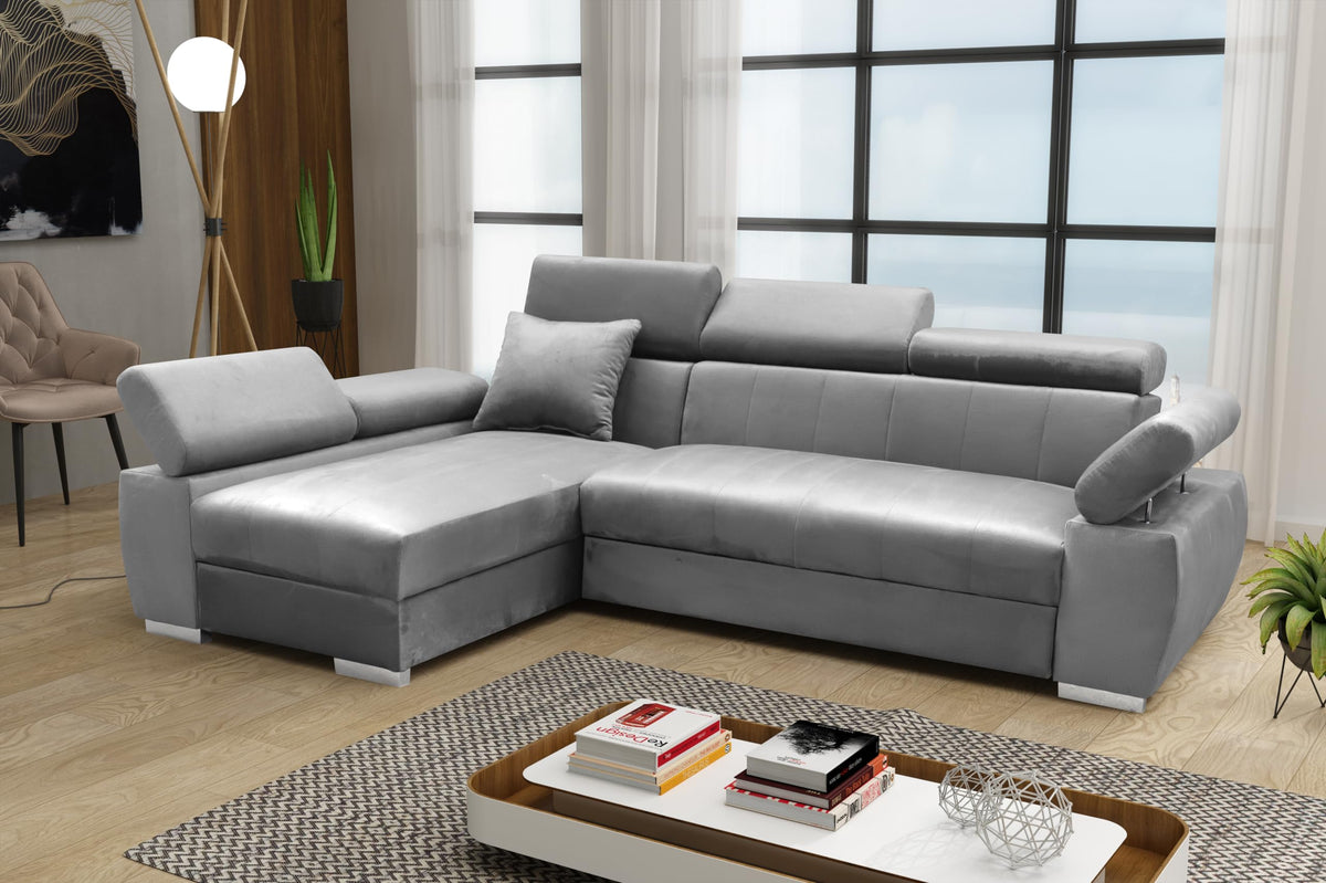 OTTO Corner Sofa, Corner Couch with Sleep Function, Spring Core, Adjustable Headrests, Easy Folding Mechanism, Bed Function, Additional Storage Space, Plush Grey, Left