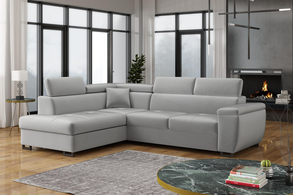 MEBLE-LUX - Ecksofa mit Schlaffunktion und Bettkasten Nicole 270x202x96cm (BxTxH) I Sofa L Form mit Verstellbare Kopfstützen I Eckcouch mit Schlaffunktion I Federkern I Sofa Grau Links