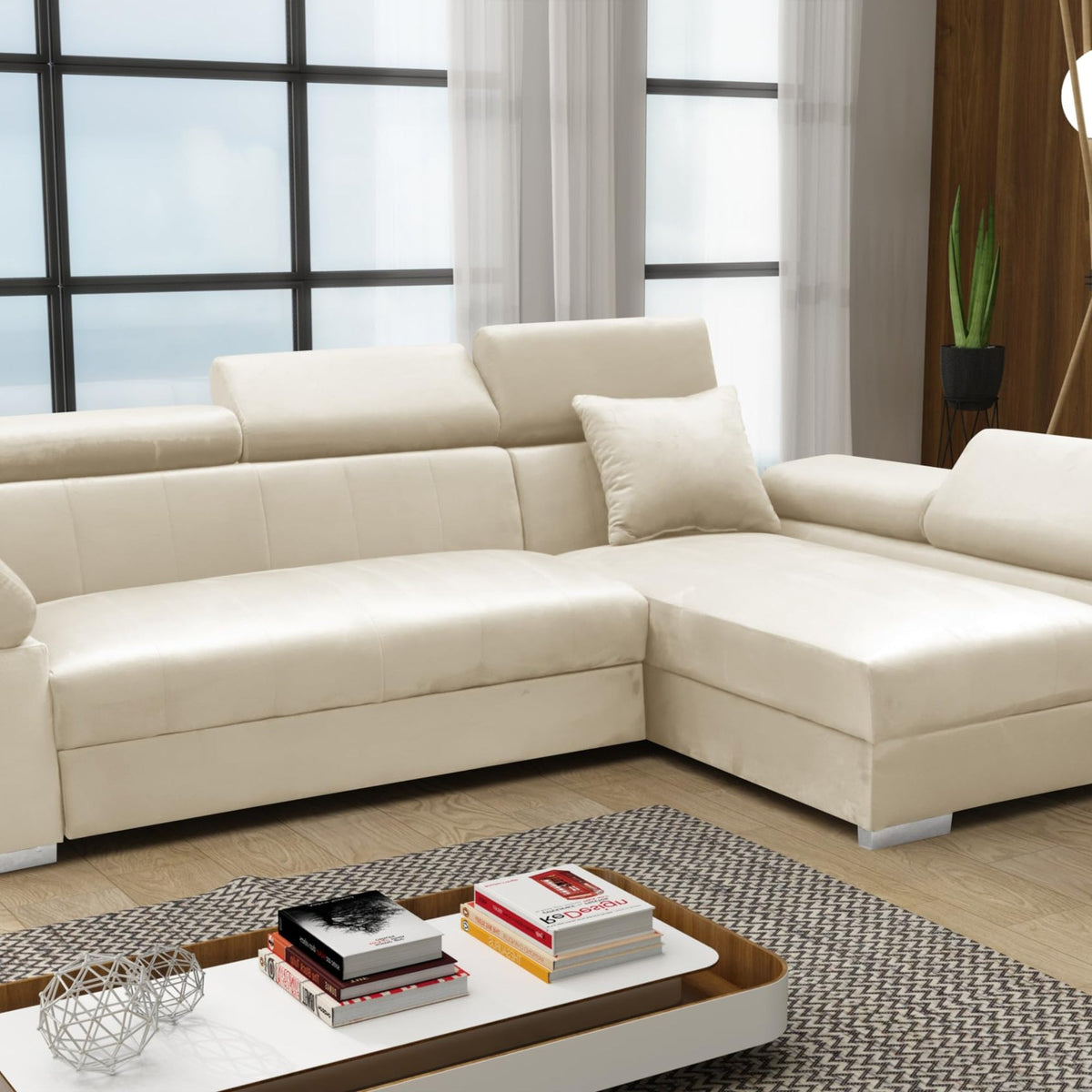 OTTO Corner Sofa, Corner Couch with Sleep Function, Spring Core, Adjustable Headrests, Easy Folding Mechanism, Bed Function, Additional Storage Space, Plush Grey, Left