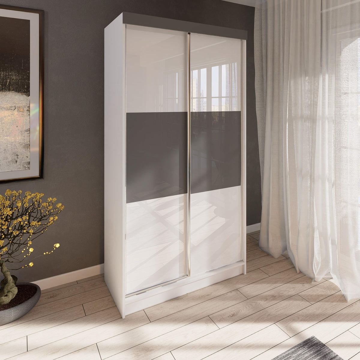 Marlux-Meble Two-Door Wardrobe 230 cm Wide with Floating and Sliding Doors Corner Wardrobe Bedroom Cabinet Hallway Cabinet System Cabinet High Gloss Cabinet