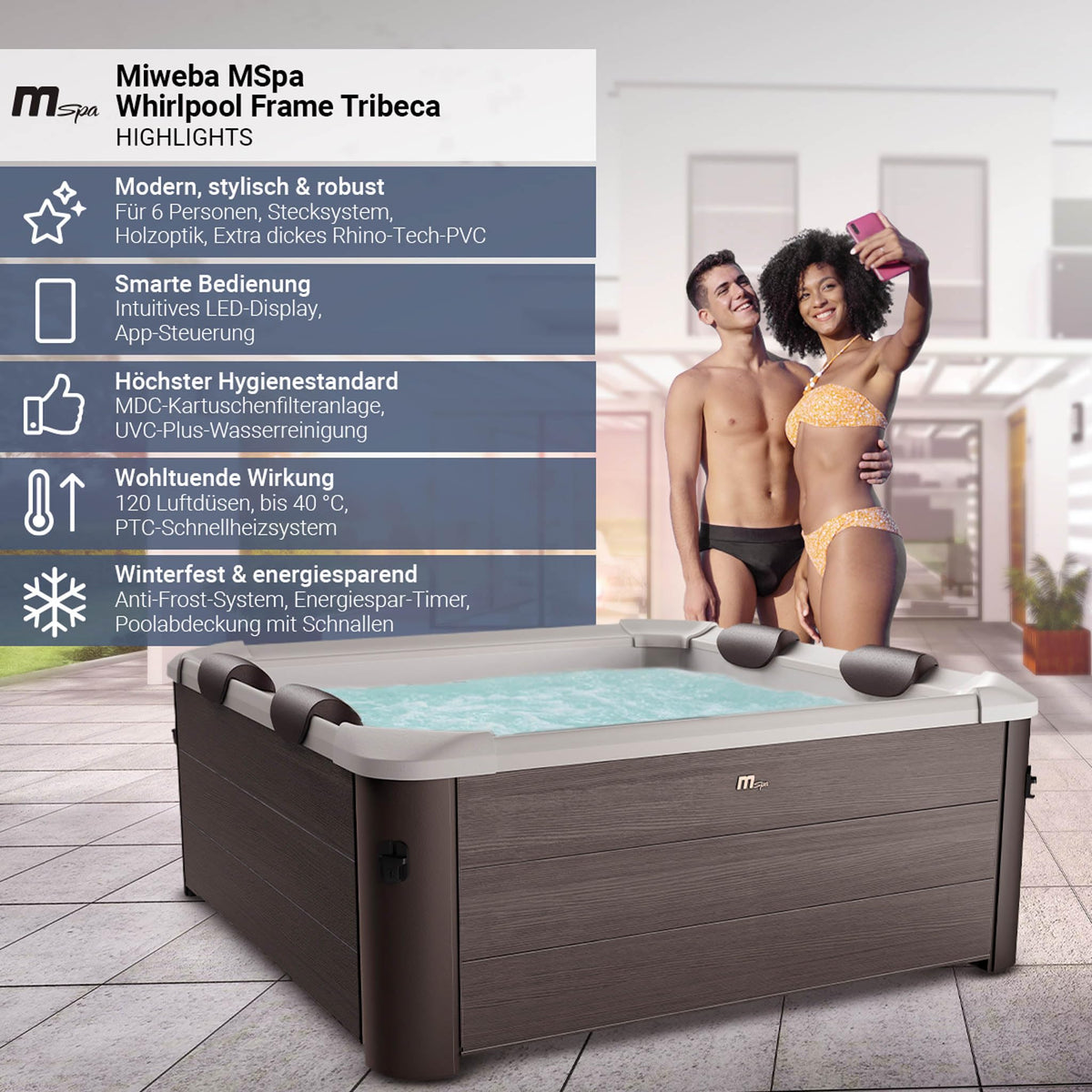 Miweba Whirlpool MSpa Tribeca mit Fester Außenwand | Pool mit App Steuerung | Spa für 6 Personen | 160x160x65cm | 120 Massagedüsen | Ganzjähriger Einsatz Winterfest | In & Outdoor Pool | Aufstellpool