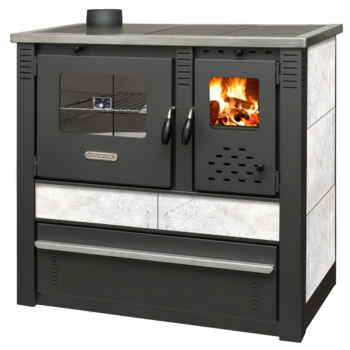 ProTermo Panonia Fireplace in Mocha with Left Flue - 10.54 kW Heating Output - 90 x 51 x 85 cm Wood Stove with Baking Compartment, Thermometer and Hob without Self-Closing Door - Type 2