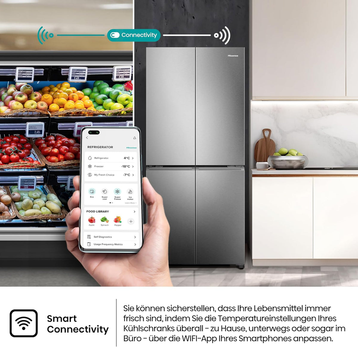 Hisense RQ5P470SAID Cross-Door Fridge-Freezer, 304 Litre Fridge Capacity, 179 Litre Freezer, Total NoFrost, Wifi, Multi AirFlow, FastFreeze, Energy Efficiency Class D, 178.5 cm x 79.4 cm