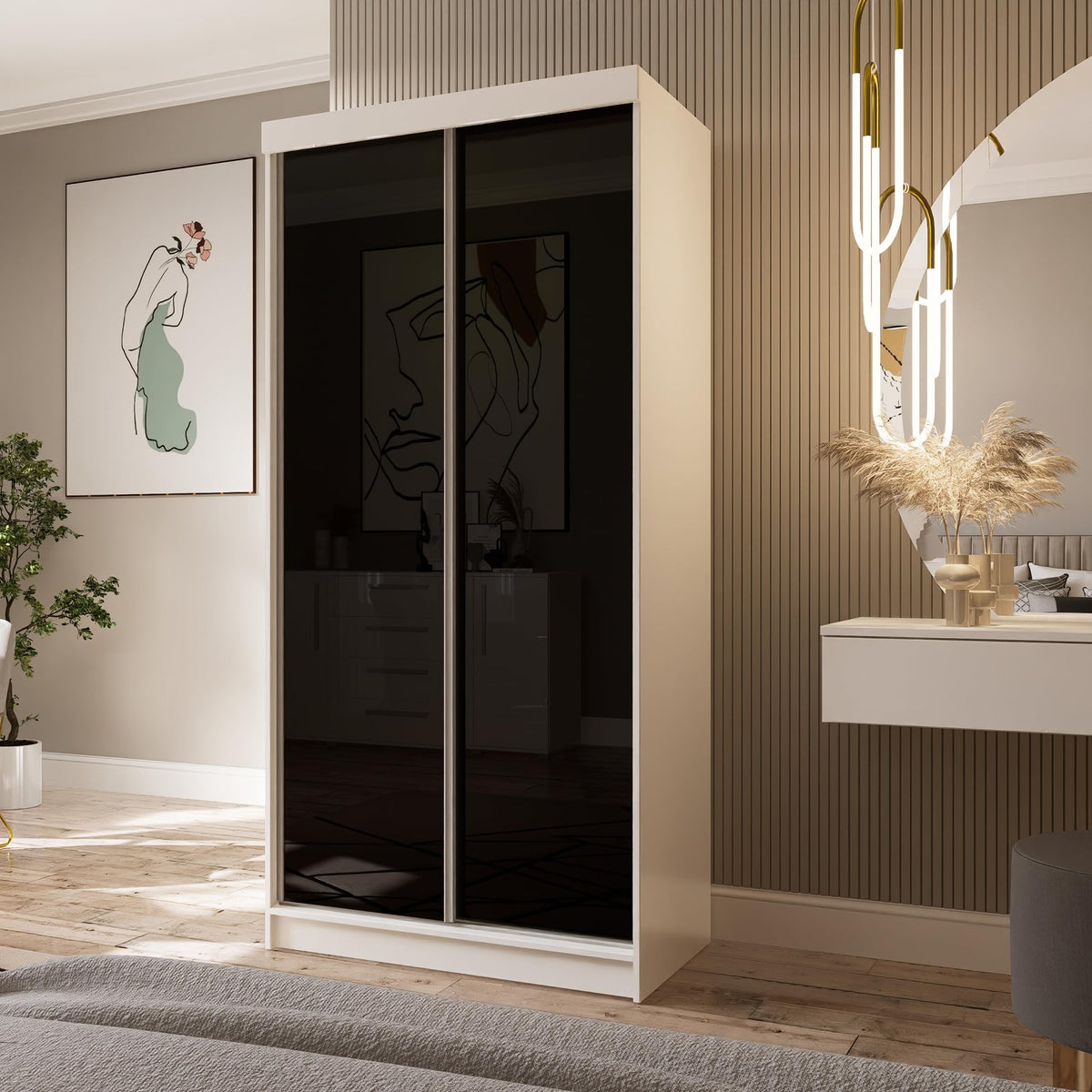 Marlux-Meble Two-Door Wardrobe 230 cm Wide with Floating and Sliding Doors Corner Wardrobe Bedroom Cabinet Hallway Cabinet System Cabinet High Gloss Cabinet