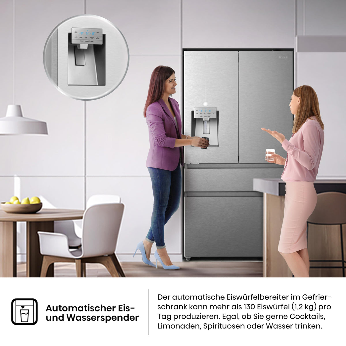Hisense RF632N4WIE French Door Kühl-Gefrierkombination/ NoFrostPlus/ Inverter-Kompressor/ Wasserspender/ CrispZone/ 200 cm/ Kühlteil 336 l/ Gefrierteil 149 l/ 38 dB/ 295 kWh/ Jahr/ Inox-Look