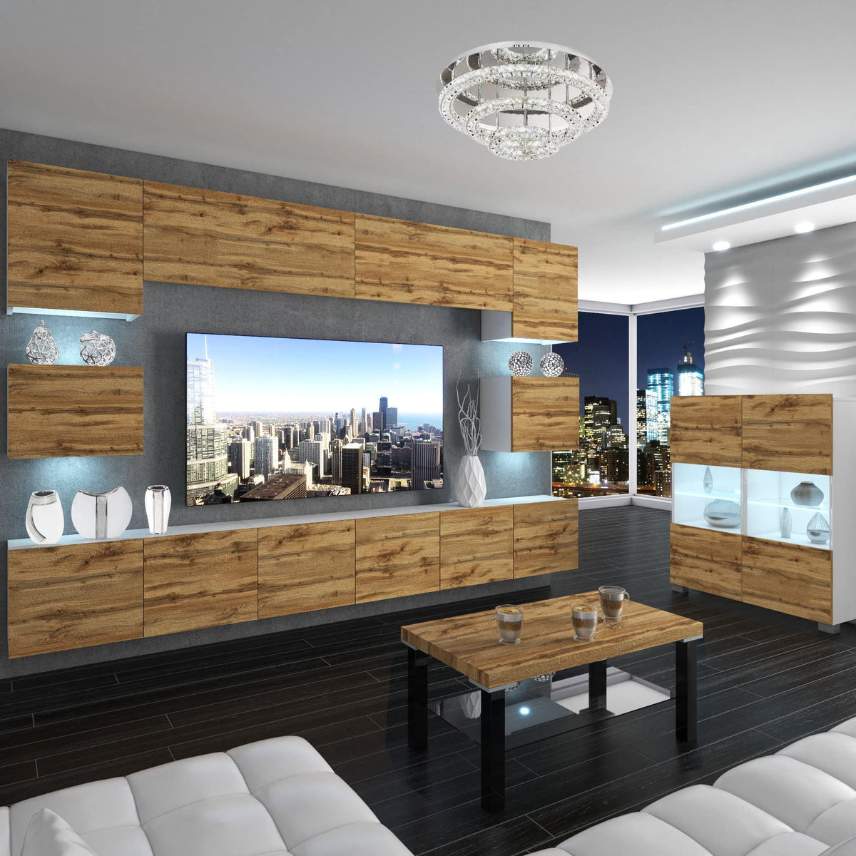 BELINI Living Room Wall Unit Full Equipment Living Room Set Modern Cabinet Wall with LED Lighting TV Cabinet White