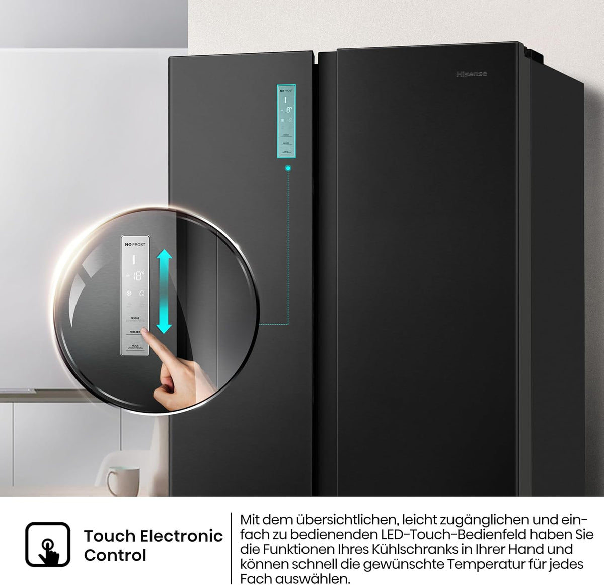Hisense RS677N4BFD Side by Side Kühl-Gefrierkombination/ Inverter-Kompressor/ Flaschenablage/ 2 FreshZone/Gemüsefach / Kühlteil 334 l/ Gefrierteil 185 l/ 41 dB/ 247 kWh/ Jahr, Schwarz