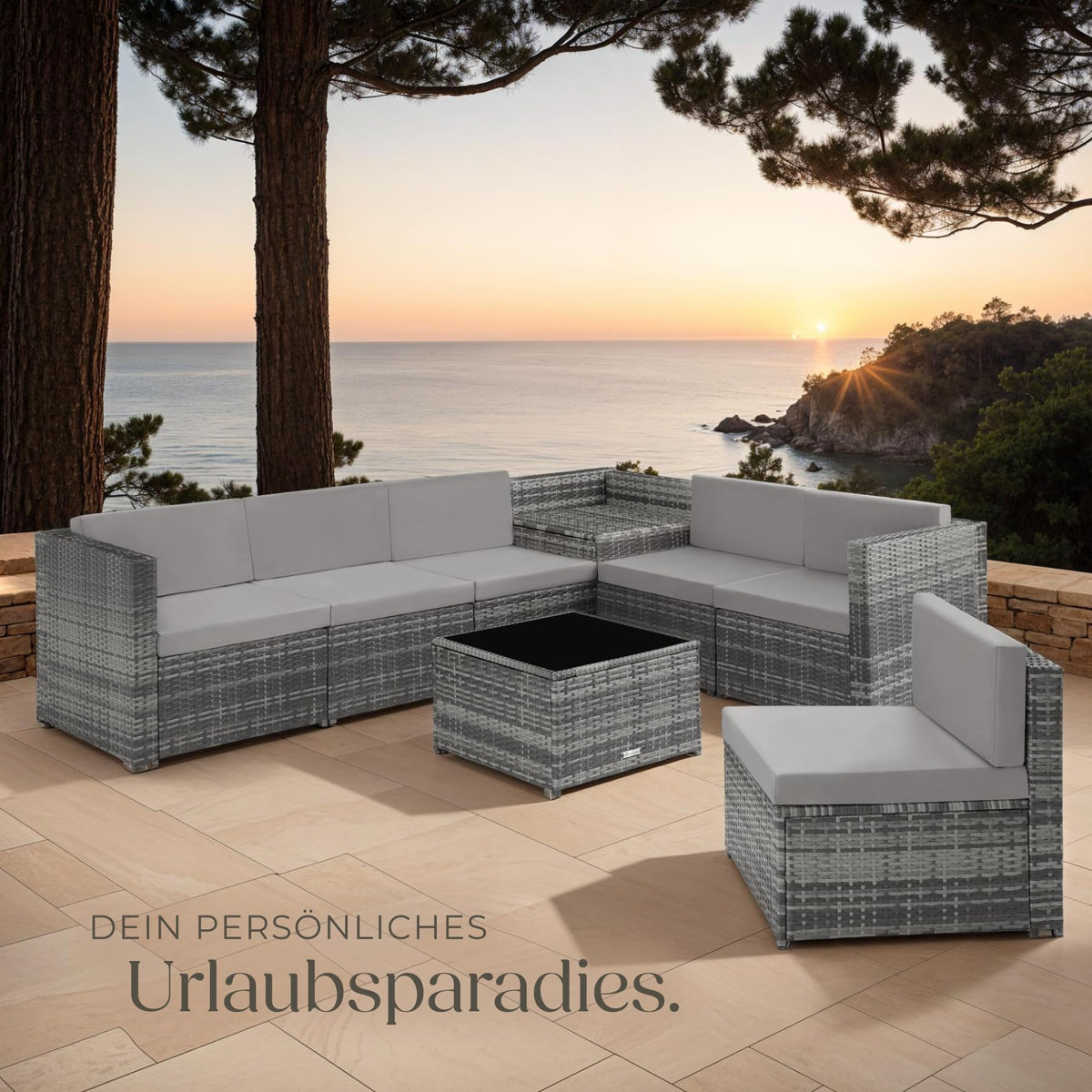 tectake Polyrattan Gartenlounge, frei zu gruppierende Balkon Möbel, Gartenmöbel Set mit einem Beistelltisch Outdoor, inkl. Auflagenbox und Sitz- und Rückenkissen - grau
