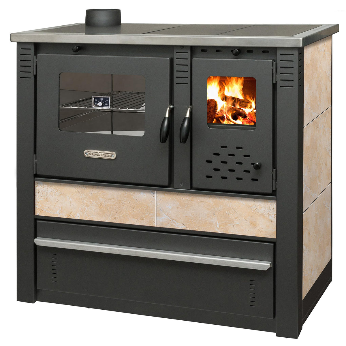 ProTermo Panonia Fireplace in Mocha with Left Flue - 10.54 kW Heating Output - 90 x 51 x 85 cm Wood Stove with Baking Compartment, Thermometer and Hob without Self-Closing Door - Type 2