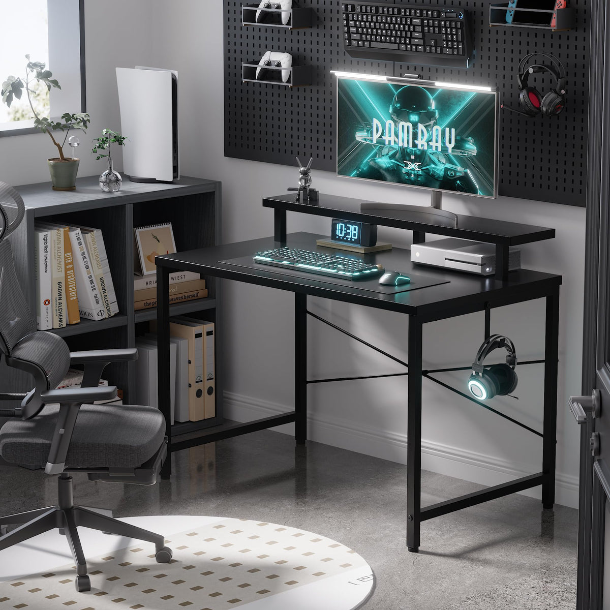 Pamray 32 Inch Small Computer Desk with Monitor Stand, Simple Office Desk with Headphone Hook for Small Spaces, Kids Study Writing Table for Bedroom, Black