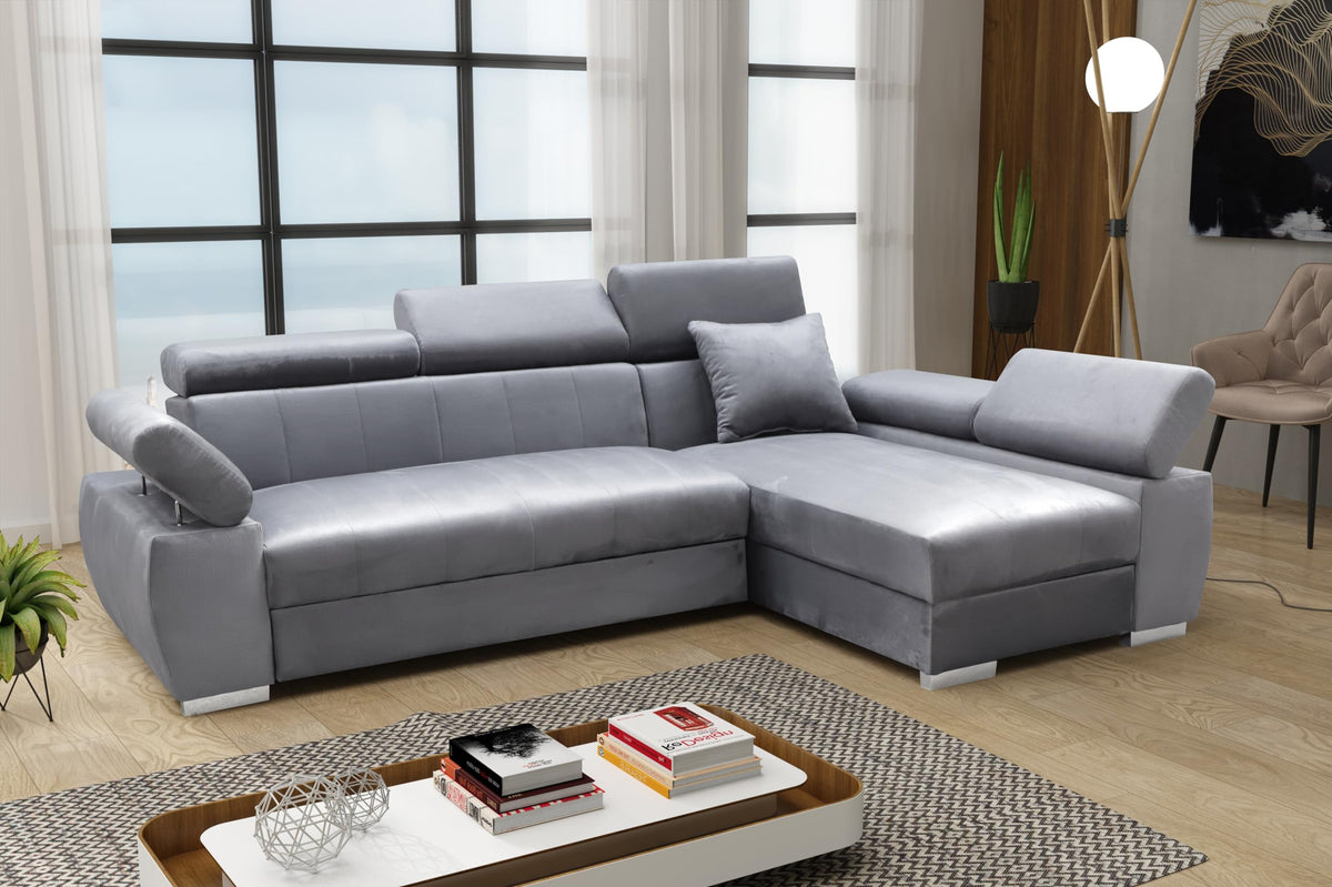 OTTO Corner Sofa, Corner Couch with Sleep Function, Spring Core, Adjustable Headrests, Easy Folding Mechanism, Bed Function, Additional Storage Space, Plush Grey, Left