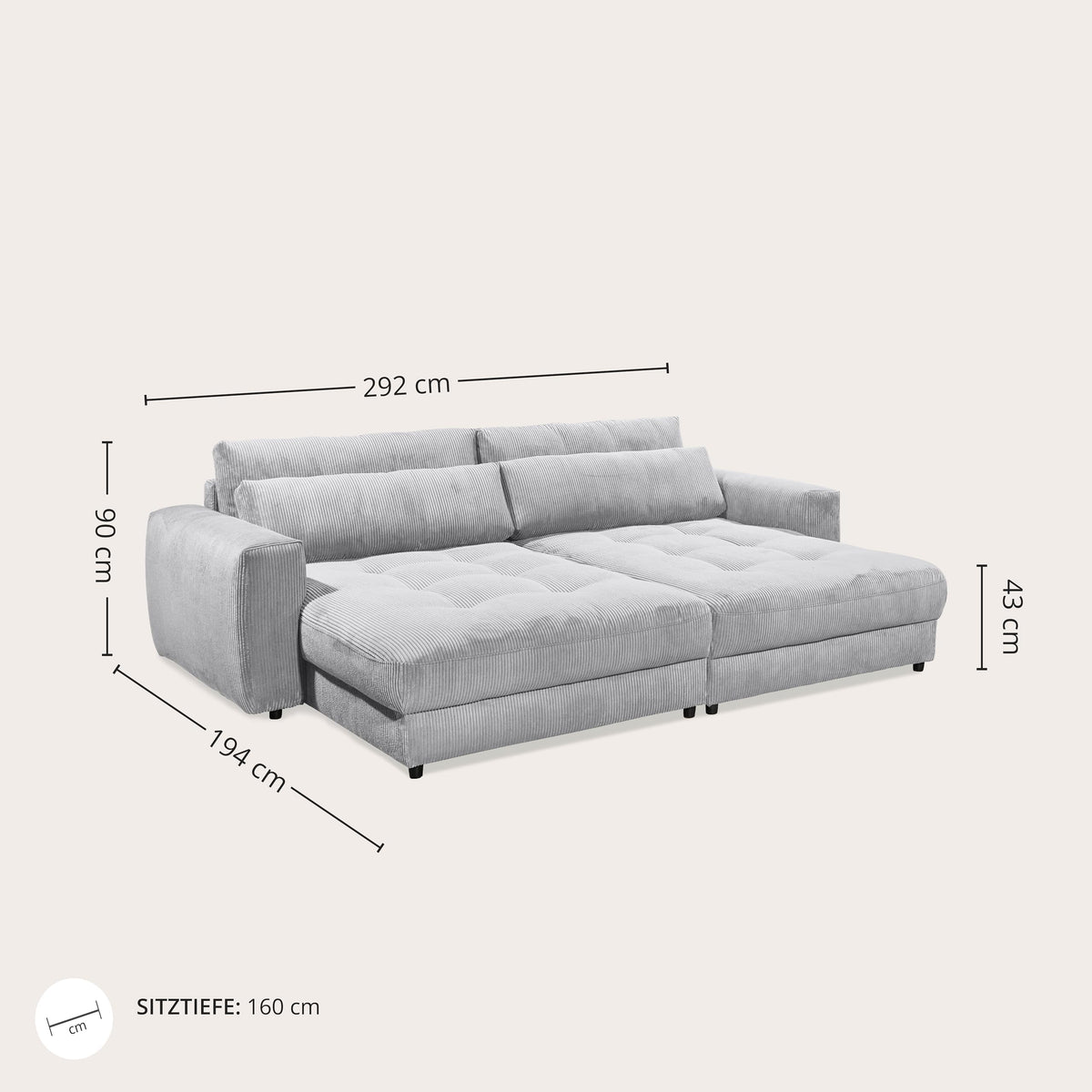 Barura Big Sofa in Corduroy Look, Ash - Comfortable Living Room Couch with Large Lying Surface - 292 x 90 (74) х 194 cm (W x H x D)