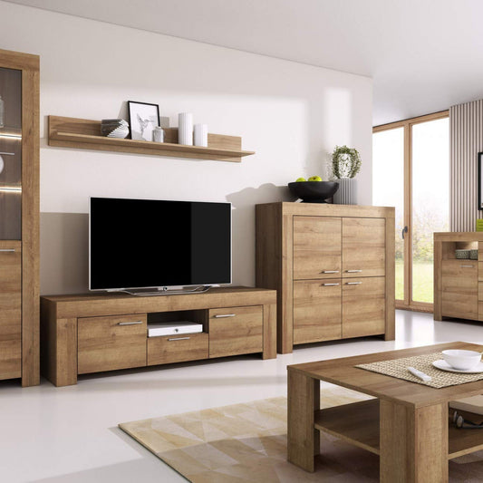 Furniture24 Wohnzimmer Set Wohnwand Sky Tv Schrank Vitrine Hängeregal Kommode Sideboard Couchtisch (Riviera Eiche)