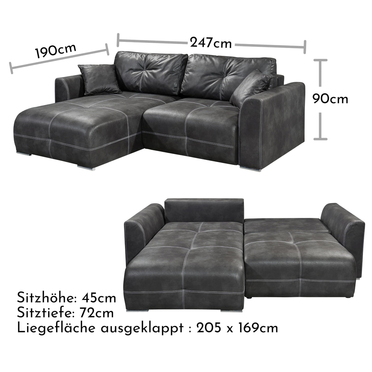 Dolan Comfortable Sofa Bed in Leather Look with Bed Box, Light Brown, Extendable Sofa with Sleep Function, 245 x 85 x 115 cm (W x H x D)