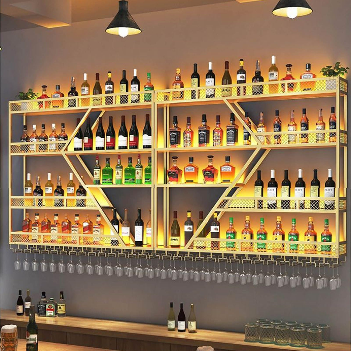 Weinregal aus Metall, großer Weinflaschenhalter aus Wandmontage mit 3 Ebenen, modernes, schwebendes Barregal in Rautenform,für die Dekoration von Restaurants und Bars zu Hause (schwarz, 200cm)