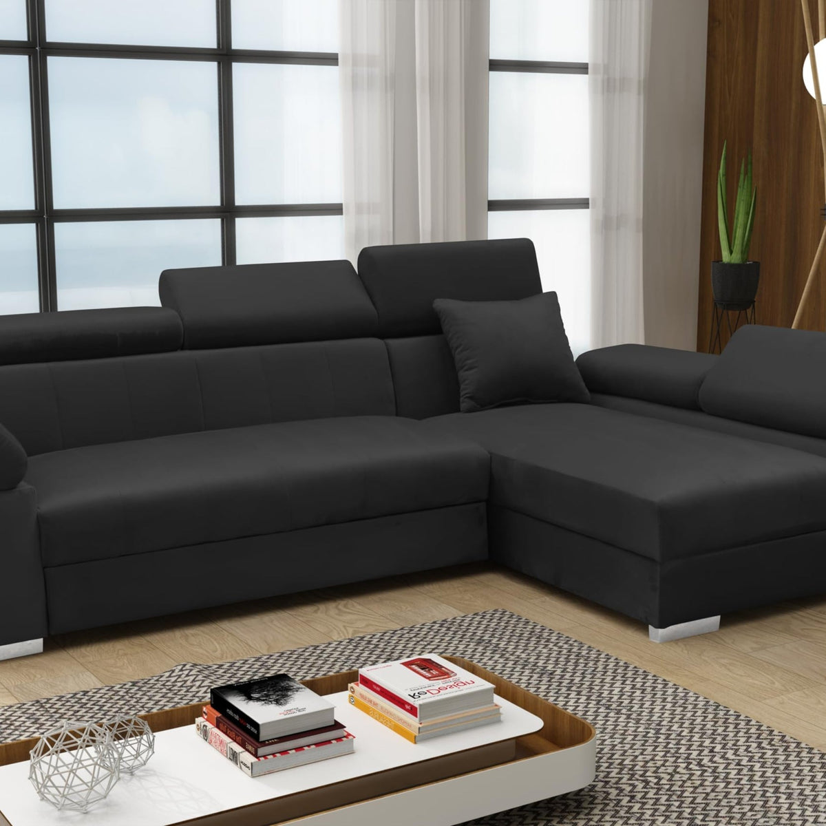 OTTO Corner Sofa, Corner Couch with Sleep Function, Spring Core, Adjustable Headrests, Easy Folding Mechanism, Bed Function, Additional Storage Space, Plush Grey, Left