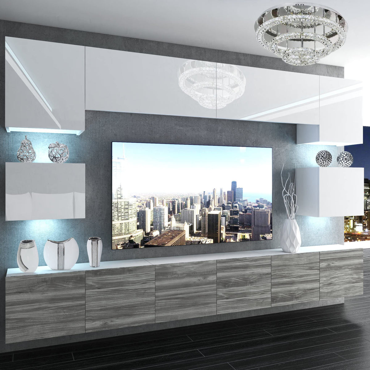 BELINI Living Room Wall Unit Full Equipment Living Room Set Modern Cabinet Wall with LED Lighting TV Cabinet White