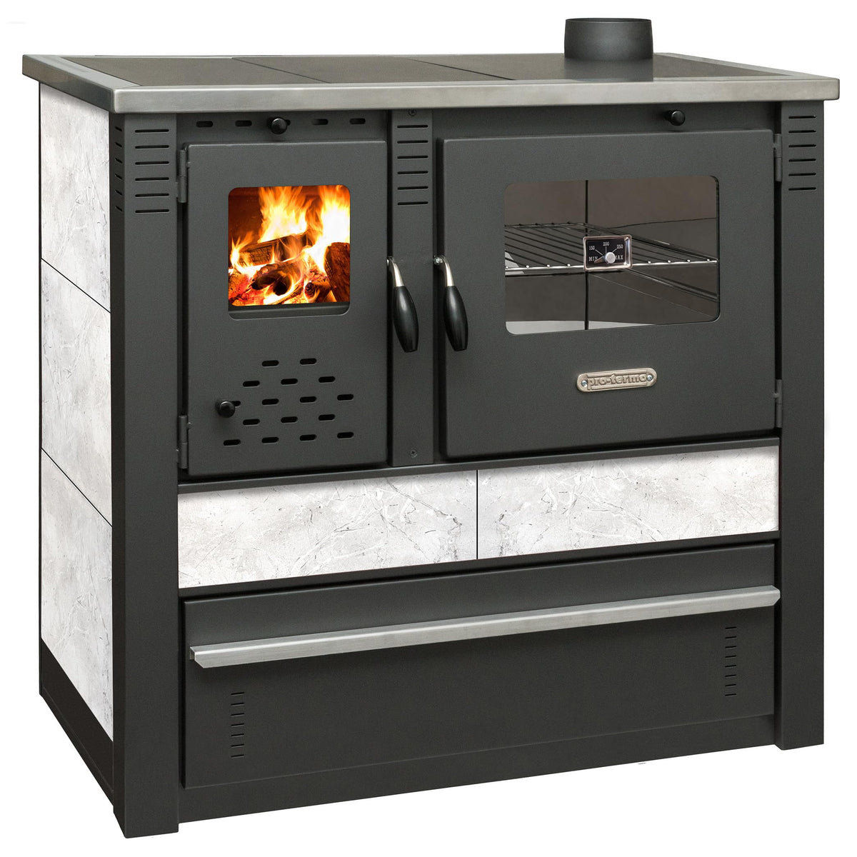 ProTermo Panonia Fireplace in Mocha with Left Flue - 10.54 kW Heating Output - 90 x 51 x 85 cm Wood Stove with Baking Compartment, Thermometer and Hob without Self-Closing Door - Type 2