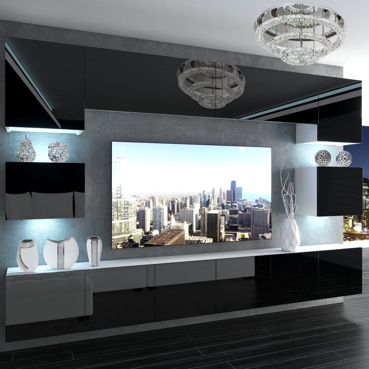 BELINI Living Room Wall Unit Full Equipment Living Room Set Modern Cabinet Wall with LED Lighting TV Cabinet White