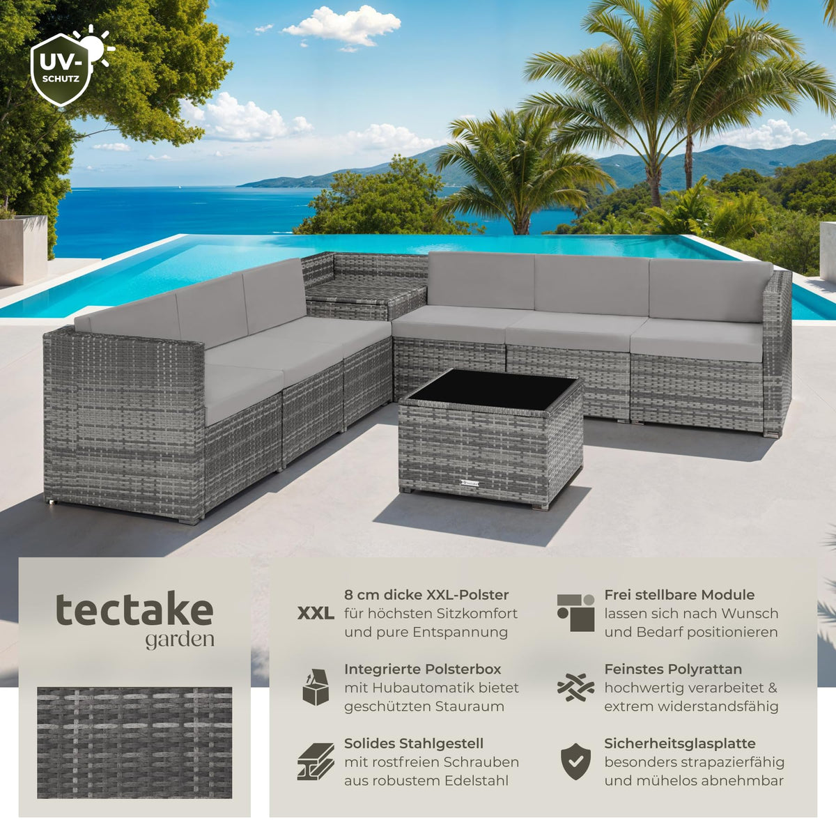 tectake Polyrattan Gartenlounge, frei zu gruppierende Balkon Möbel, Gartenmöbel Set mit einem Beistelltisch Outdoor, inkl. Auflagenbox und Sitz- und Rückenkissen - grau
