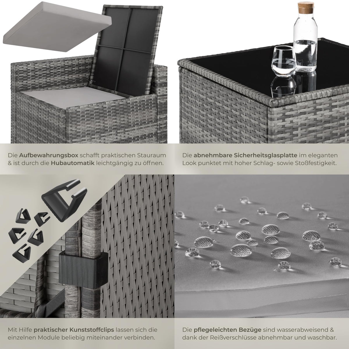 tectake Polyrattan Gartenlounge, frei zu gruppierende Balkon Möbel, Gartenmöbel Set mit einem Beistelltisch Outdoor, inkl. Auflagenbox und Sitz- und Rückenkissen - grau