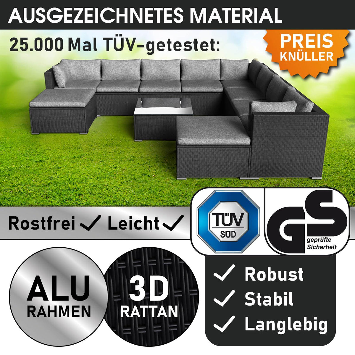 BRAST® Gartenmöbel Lounge Set XXL | 8-12 Personen viele Modelle & Farben | inkl. extra Dicke Kissen | TÜV geprüft | Outdoor Loungemöbel Sitzgruppe Essgruppe Garnitur | Dreams Grau