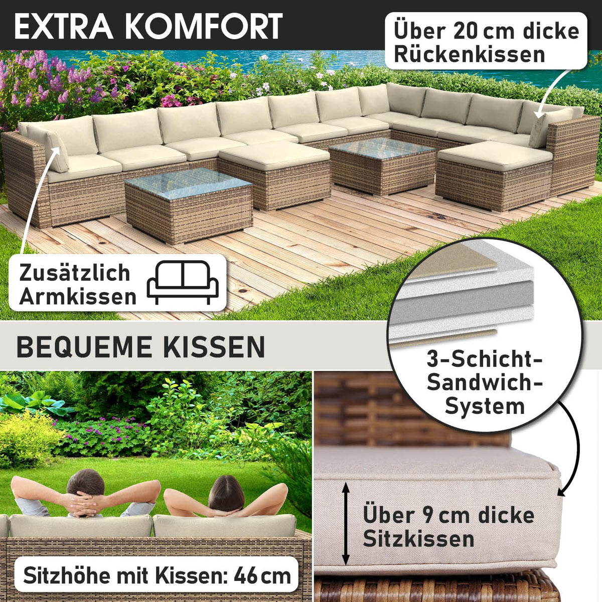BRAST® Gartenmöbel Lounge Set XXL | 8-12 Personen viele Modelle & Farben | inkl. extra Dicke Kissen | TÜV geprüft | Outdoor Loungemöbel Sitzgruppe Essgruppe Garnitur | Dreams Grau
