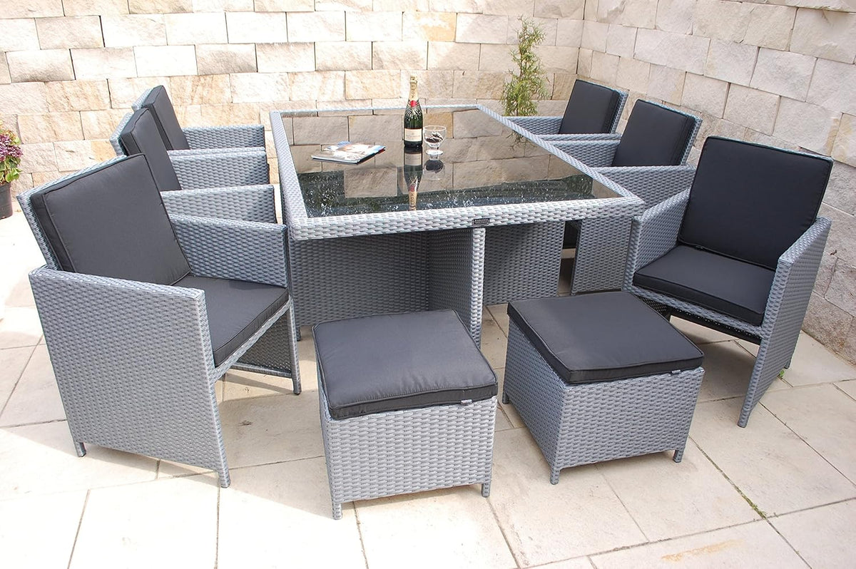 Ragnarök-Möbeldesign Heimdall Premium PolyRattan - Deutscher Hersteller - 8 Jahre GARANTIE - Aluminium Gartenmöbel Essgruppe Tisch Stuhl Hocker Platinum Grau Rostfrei Sitzgruppe