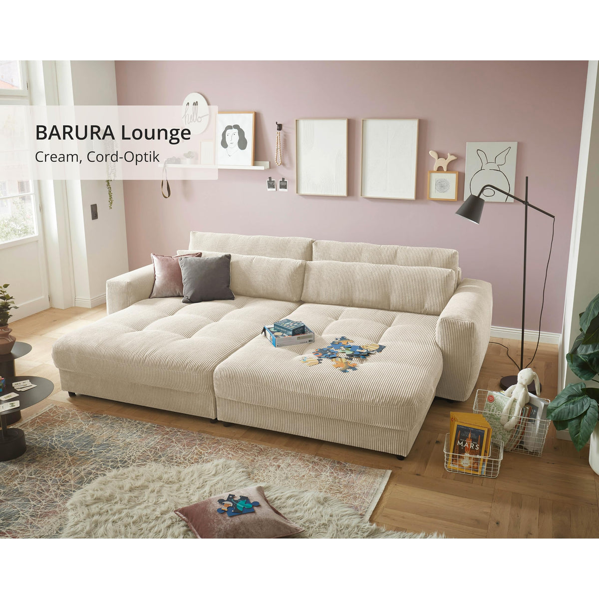 Barura Big Sofa in Corduroy Look, Ash - Comfortable Living Room Couch with Large Lying Surface - 292 x 90 (74) х 194 cm (W x H x D)