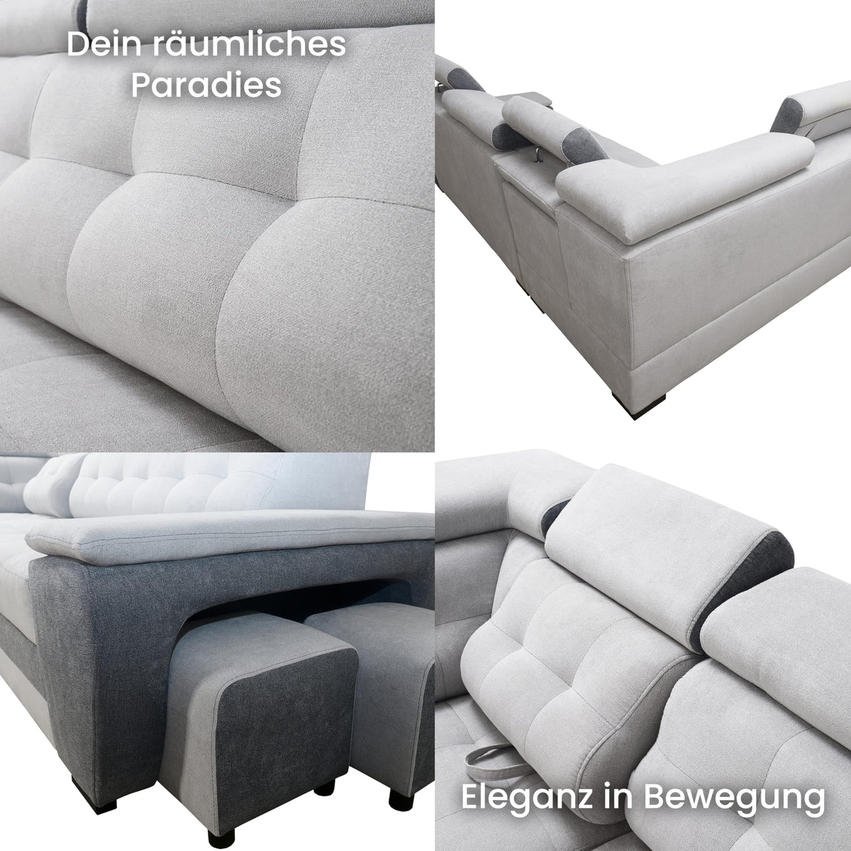 Robin Grand Ecksofa mit Schlaffunktion Bettkasten Kopfstützen Relaxfunktion Silber