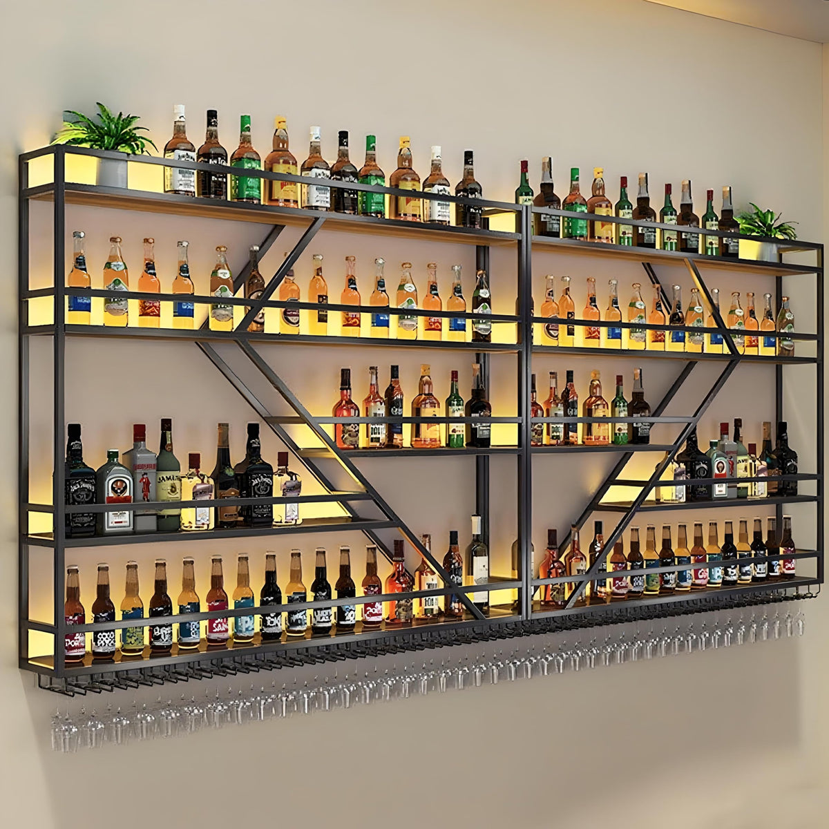 Weinregal aus Metall, großer Weinflaschenhalter aus Wandmontage mit 3 Ebenen, modernes, schwebendes Barregal in Rautenform,für die Dekoration von Restaurants und Bars zu Hause (schwarz, 200cm)