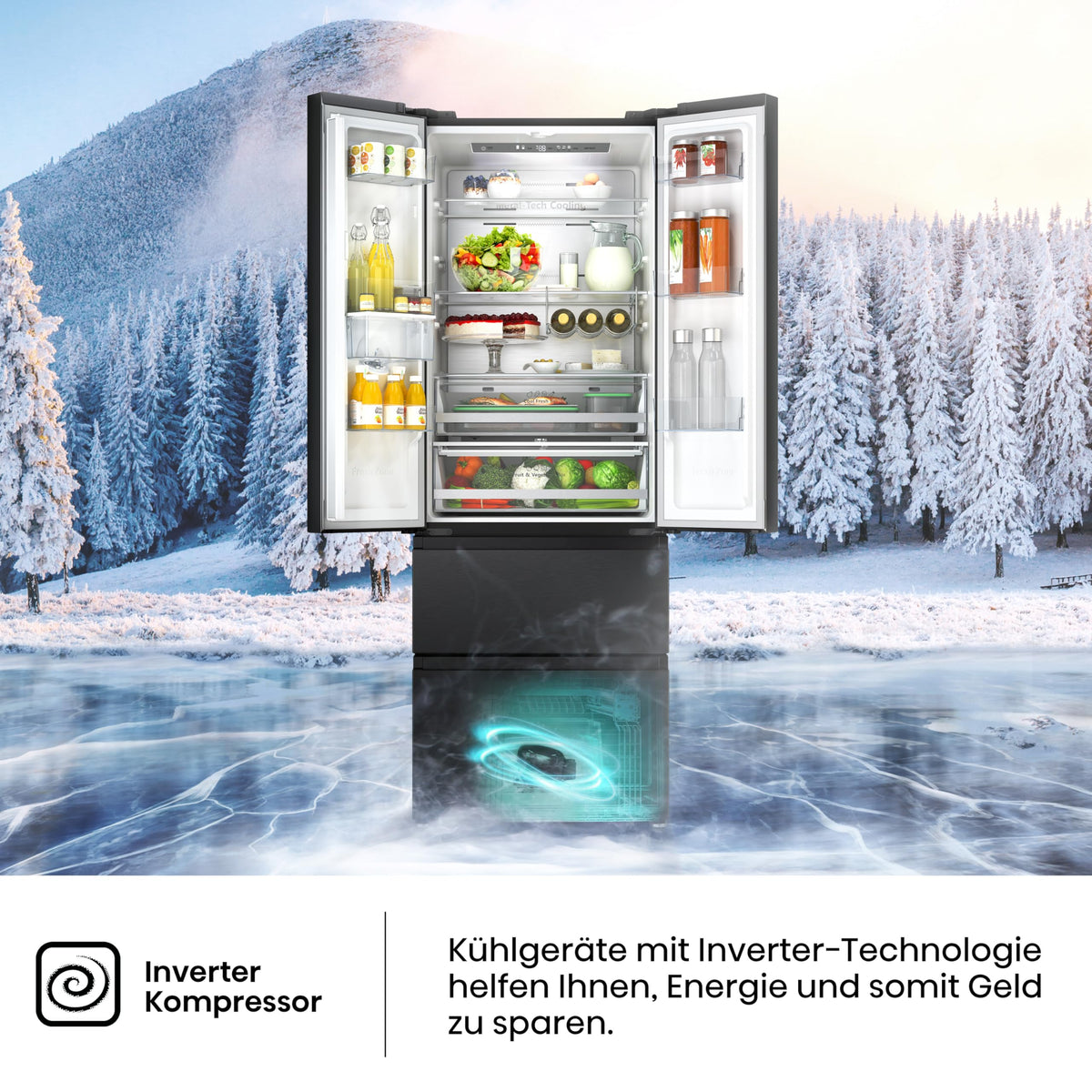 Hisense RF632N4WIE French Door Kühl-Gefrierkombination/ NoFrostPlus/ Inverter-Kompressor/ Wasserspender/ CrispZone/ 200 cm/ Kühlteil 336 l/ Gefrierteil 149 l/ 38 dB/ 295 kWh/ Jahr/ Inox-Look