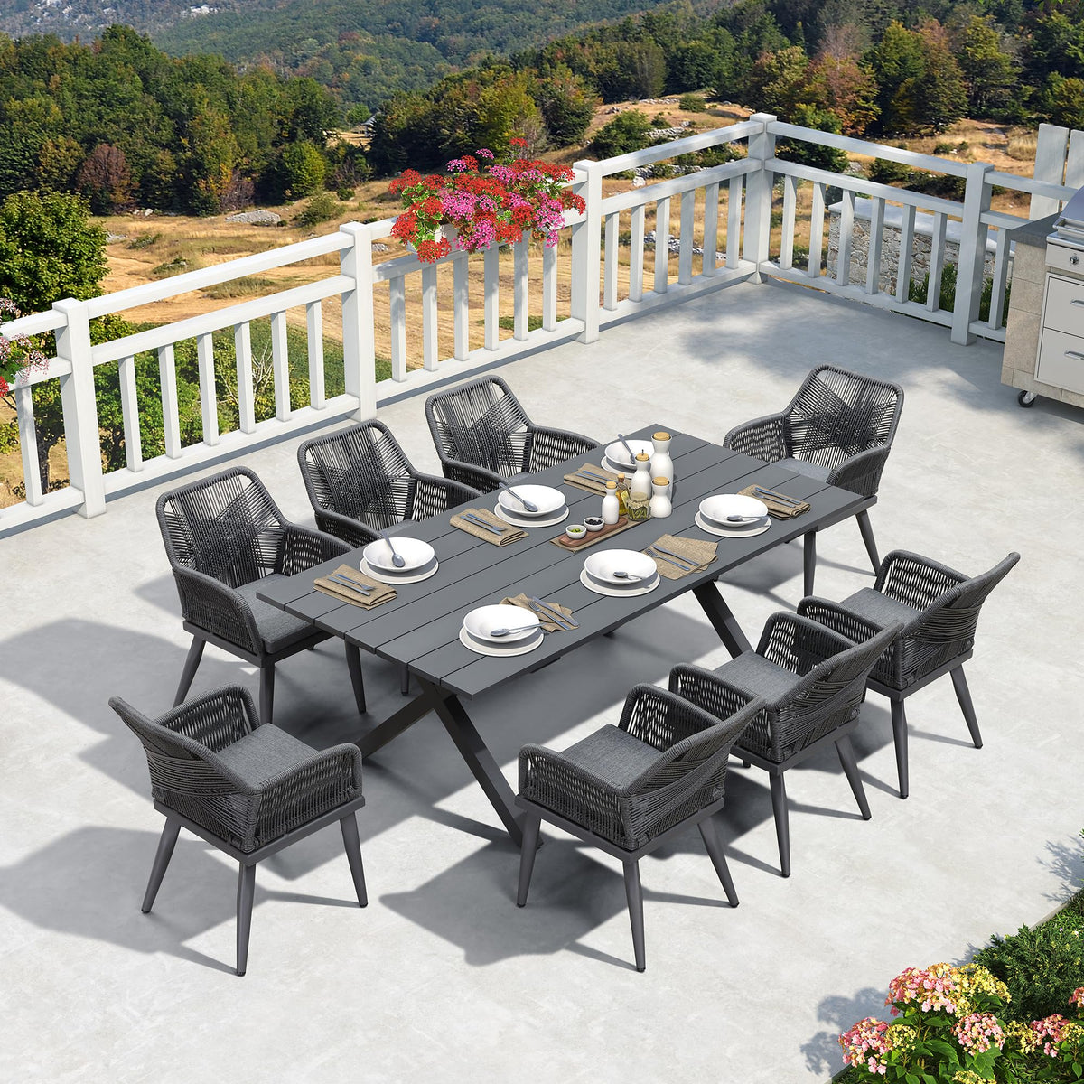 PURPLE LEAF 9-TLG Gartenmöbel Set,Aluminium Terrassenmöbel 8 Gartenstühle mit Tisch Balkonmöbel Essgruppe Gartengarnitur, Grau
