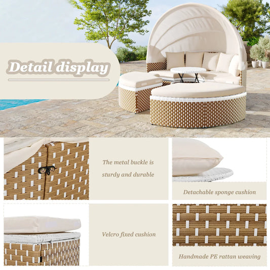 Merax garden lounge armchair set, Sun Island, rattan table & Chairs, shell bed, pull-out canopy, beige, pillow incl.