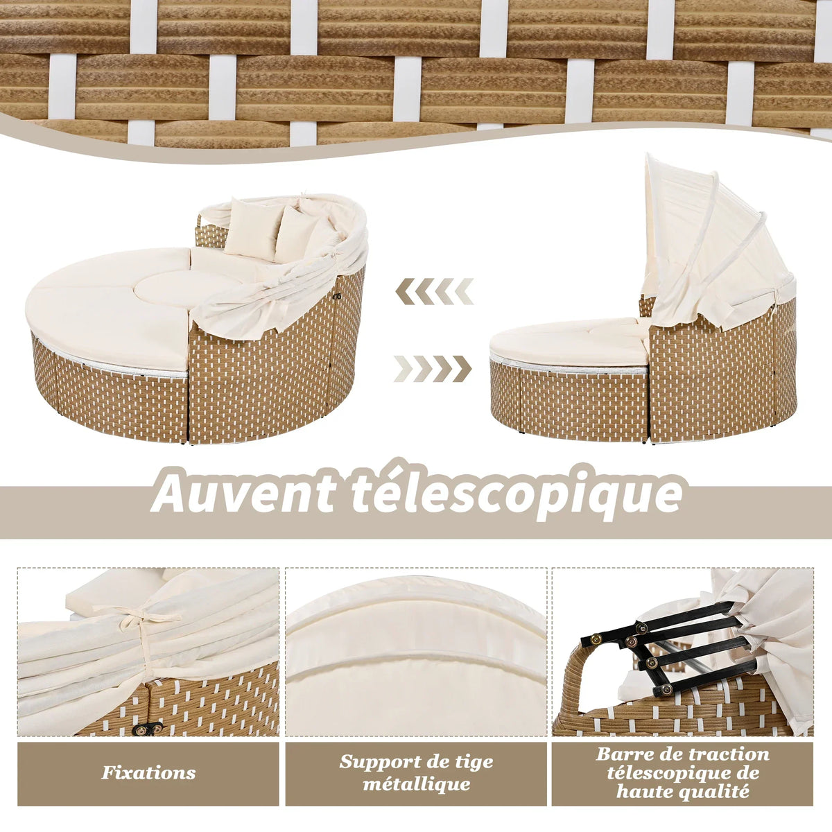 Merax garden lounge armchair set, Sun Island, rattan table & Chairs, shell bed, pull-out canopy, beige, pillow incl.